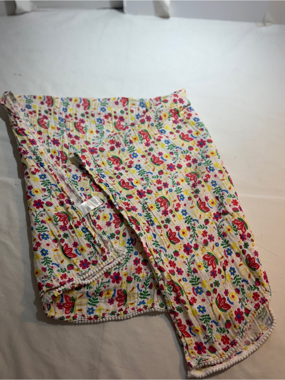 Chick pea Floral Cotton Gauze swaddle blanket with Pom Trim - Multi